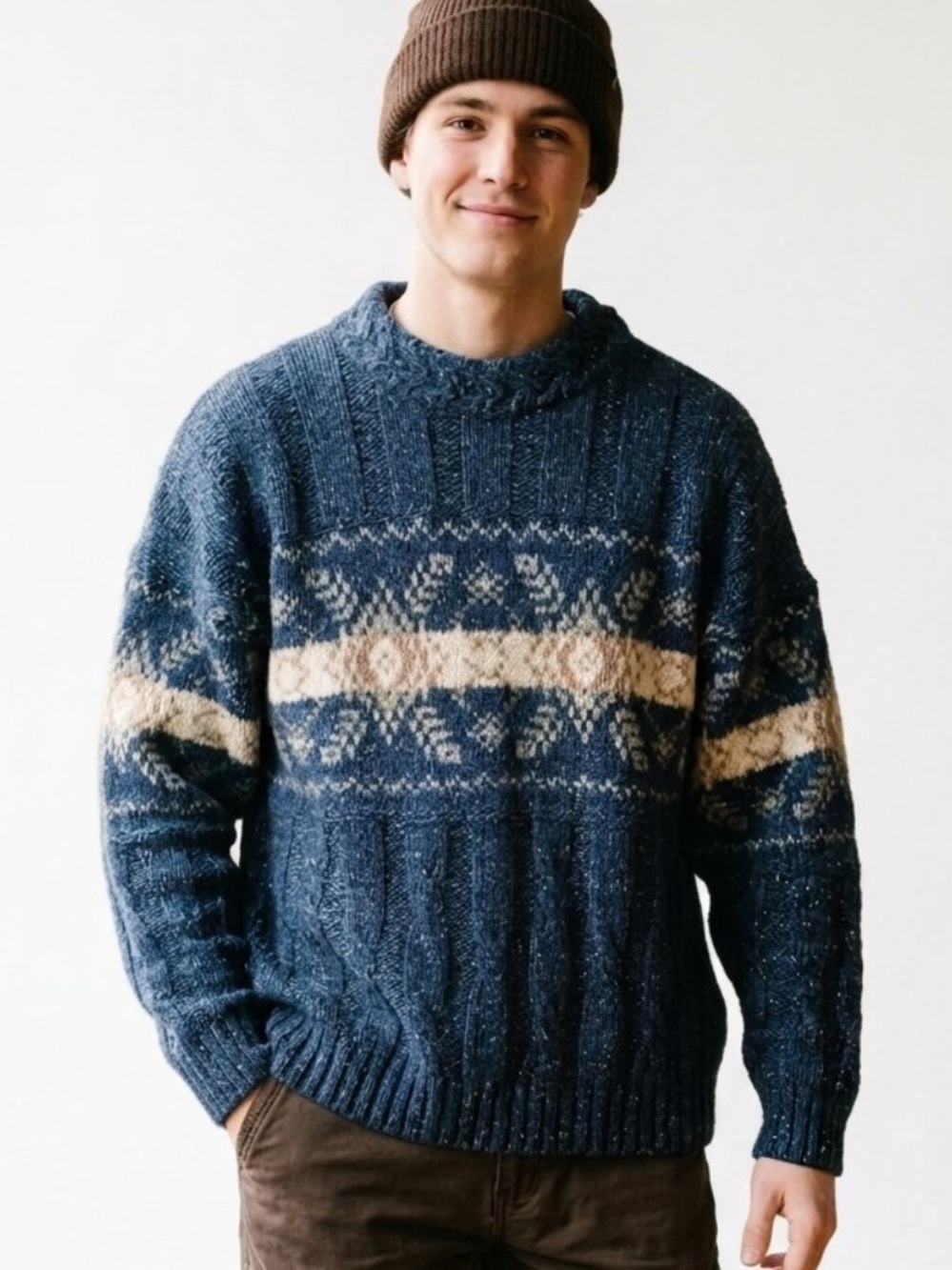 Blarney Irish Woolen Mills Fisherman Wool Fair Isle Cable Knit Sweater Large